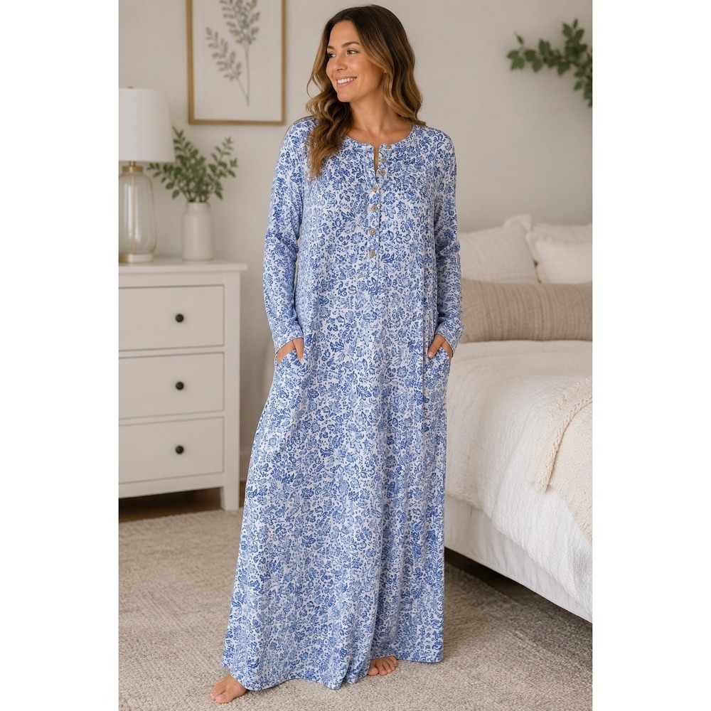 Aria Collection 2X Blue Floral Nightgown Lounge Dress Plus Size Pockets
